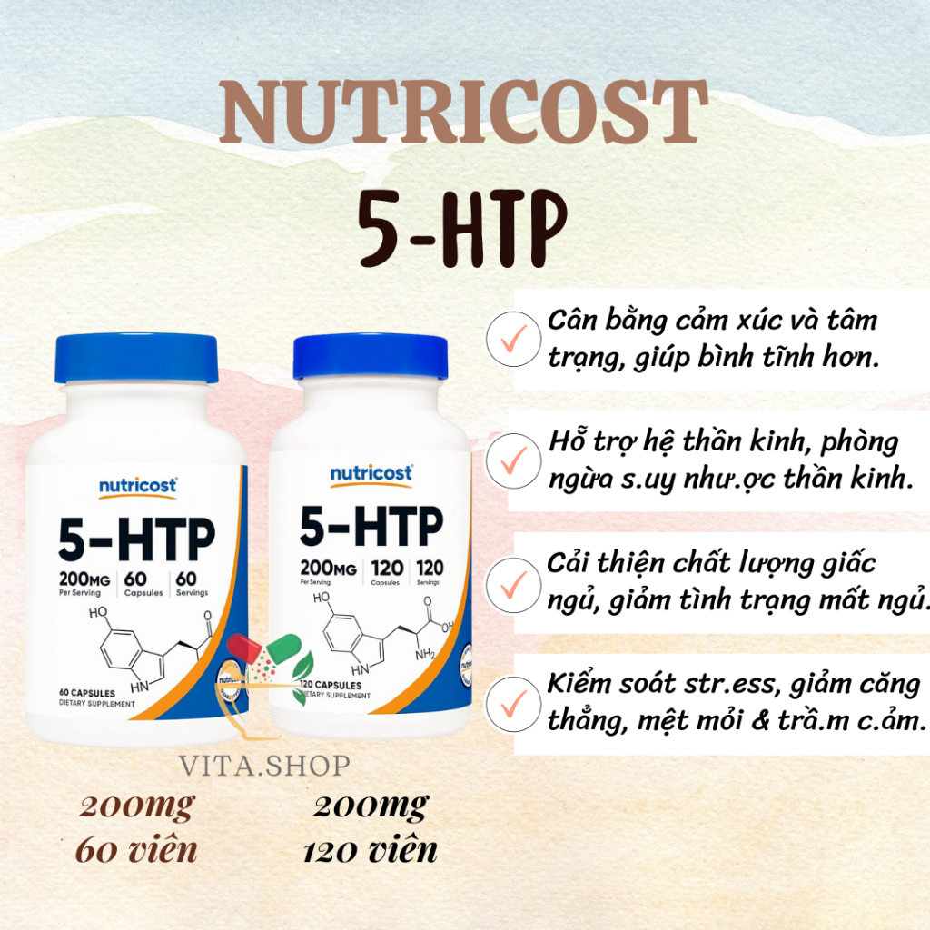 Nutricost 5-HTP 200mg - Viên uống giảm căng thẳng & stress, cân bằng tâm trạng và giúp ngủ ngon 120v