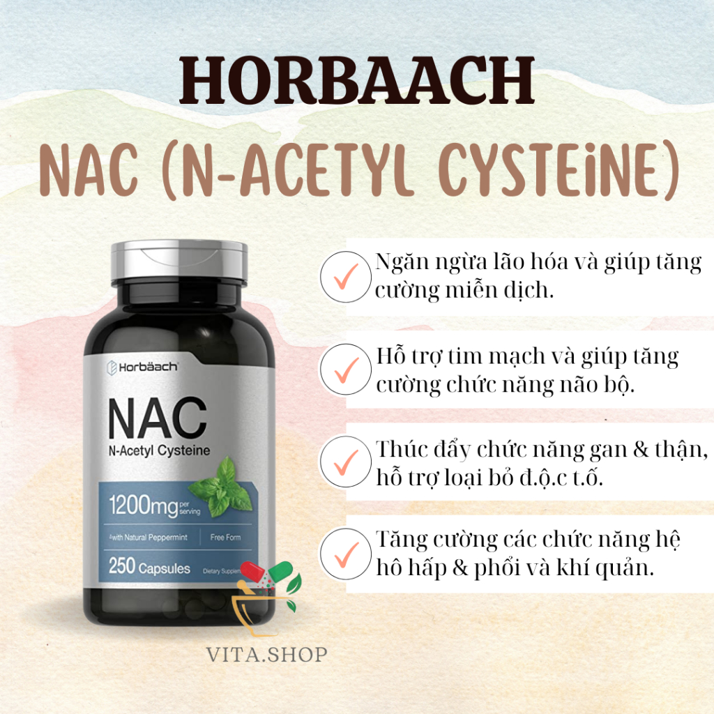 Horbaach NAC N-Acetyl-Cysteine 1200mg - Viên uống giải độc gan, chống oxy hóa và tăng miễn dịch 250v