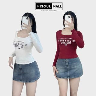  Áo Thun Cotton Nữ Dài Tay Cổ Vuông In Chữ BigSize MiSoul Mall Áo Dài Tay Thu Đông Vải Cotton In Chữ 338 