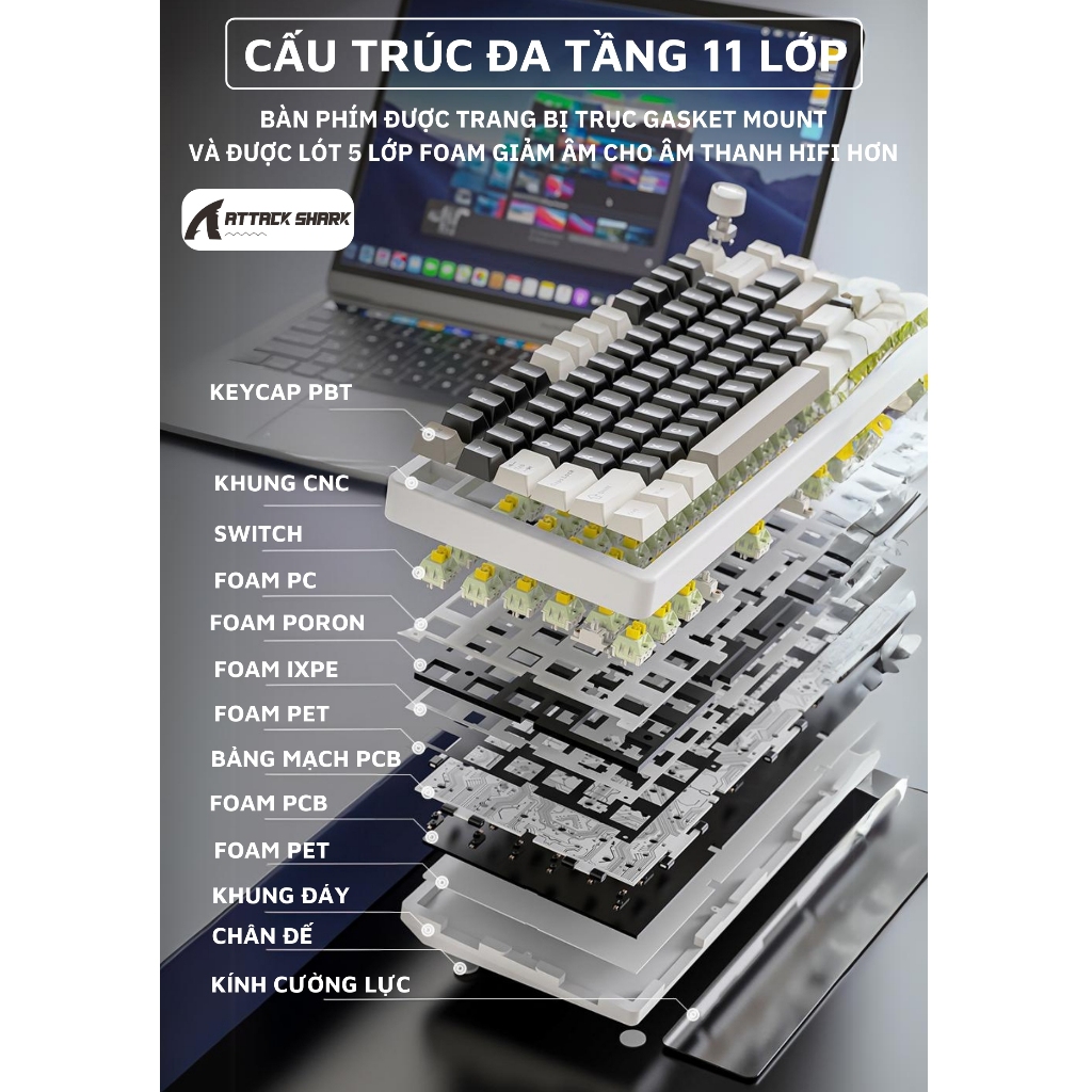 Bàn Phím Cơ Không Dây Attack Shark X86 Thiết Kế Nhôm Cao Cấp, Hotswap 5 pin, Tương Thích Máy Tính ĐT | BigBuy360 - bigbuy360.vn