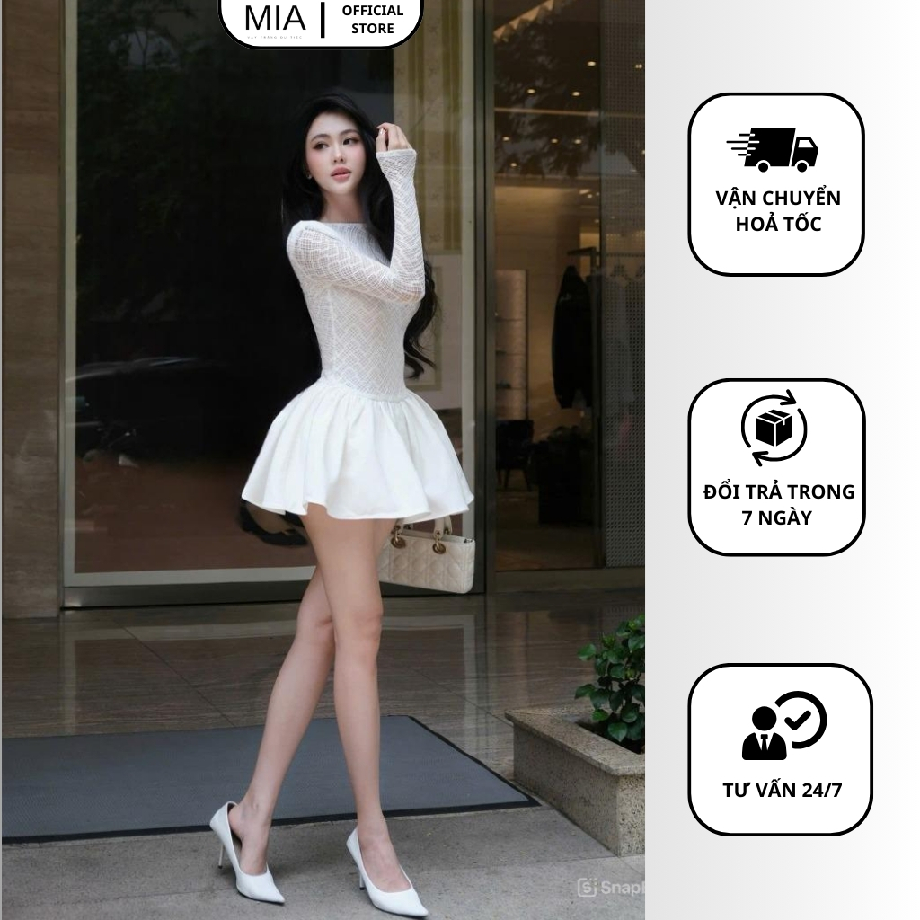 Váy trắng ren thiết kế dáng ngắn tay dài dạo phố sang chảnh đầm dự tiệc dáng xoè Mia Clothing V297