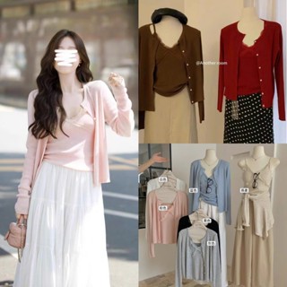  SET ÁO 2 DÂY VIỀN REN + CARDIGAN CÚC NGỌC metwo.dearu - Set 2 món mongtoghi QC áo khoác dài tay kèm áo 2s rời ulzzang HQ 