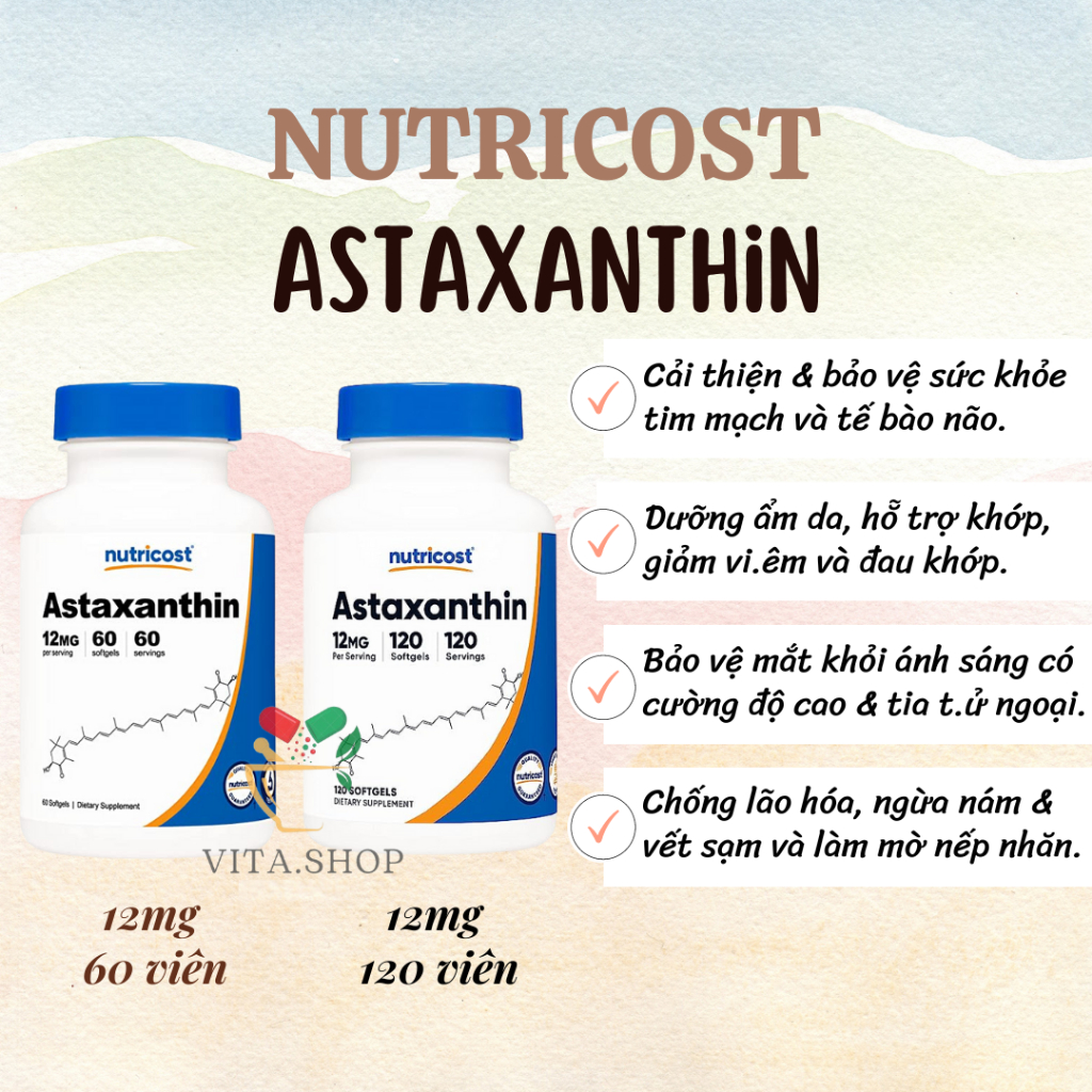 Nutricost Astaxanthin 12mg Viên uống chống lão hóa, bảo vệ thị lực, tim mạch, ngăn ngừa ung thư 120v