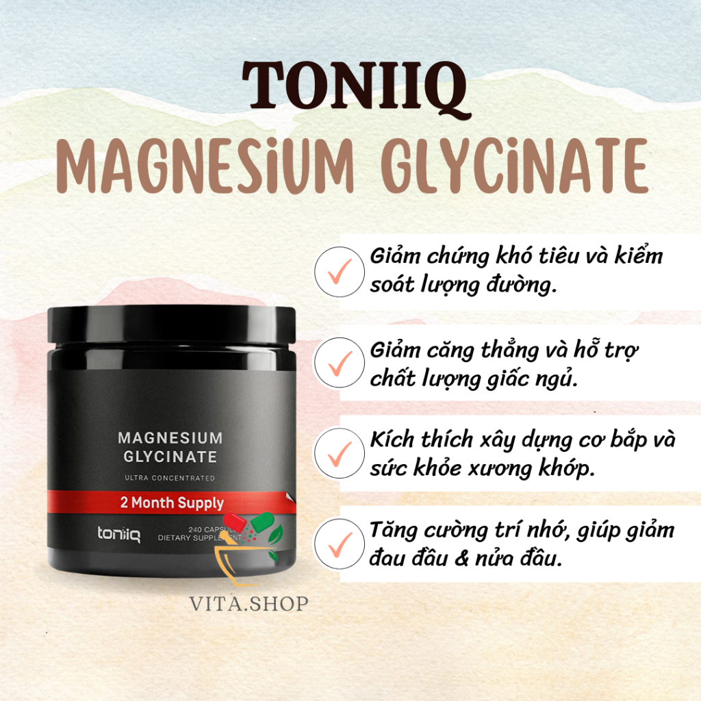 Toniiq Magnesium Glycinate 600mg - Viên uống bổ sung Magie giúp giảm stress, hỗ trợ tim mạch, cơ bắp