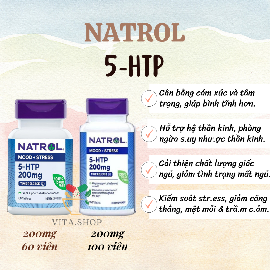 Natrol 5-HTP Mood & Stress 200mg - Viên giảm căng thẳng, stress, cân bằng tâm trạng và giúp ngủ ngon
