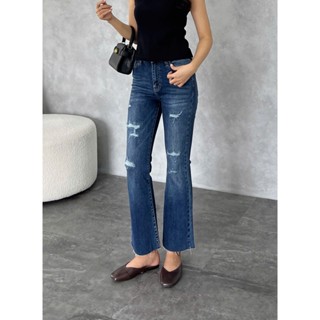 Quần Jean Nữ REDE LOEXKCL-03A Ống Loe 90cm Co Giãn, Lưng Cao, Màu Xanh Rách Nhẹ Độc Đáo, Cắt Lai Gấu