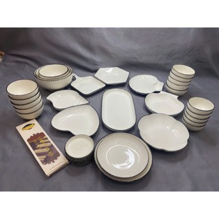 Bộ SỌC TRẮNG VIỀN ĐEN tô, chén, dĩa lẻ món dùng làm bàn ăn, decor, trang trí