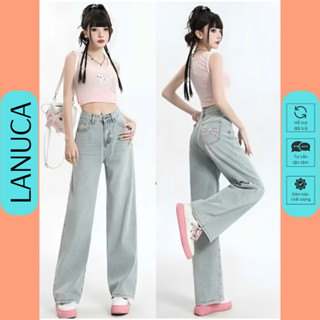 (SUÔNG NẤM LÙN) Quần Suông Cho Nấm Lùn Jean Nữ Thêu Nơ Ống Xuông Rộng 9 Tấc 90cm Cạp Lưng Cao 1m40 1m45 1m48 1m50 LANUCA