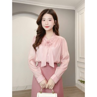 Áo Sơ Mi Tơ Cổ Nơ Kèm Tag Hoa Cao Cấp Min House