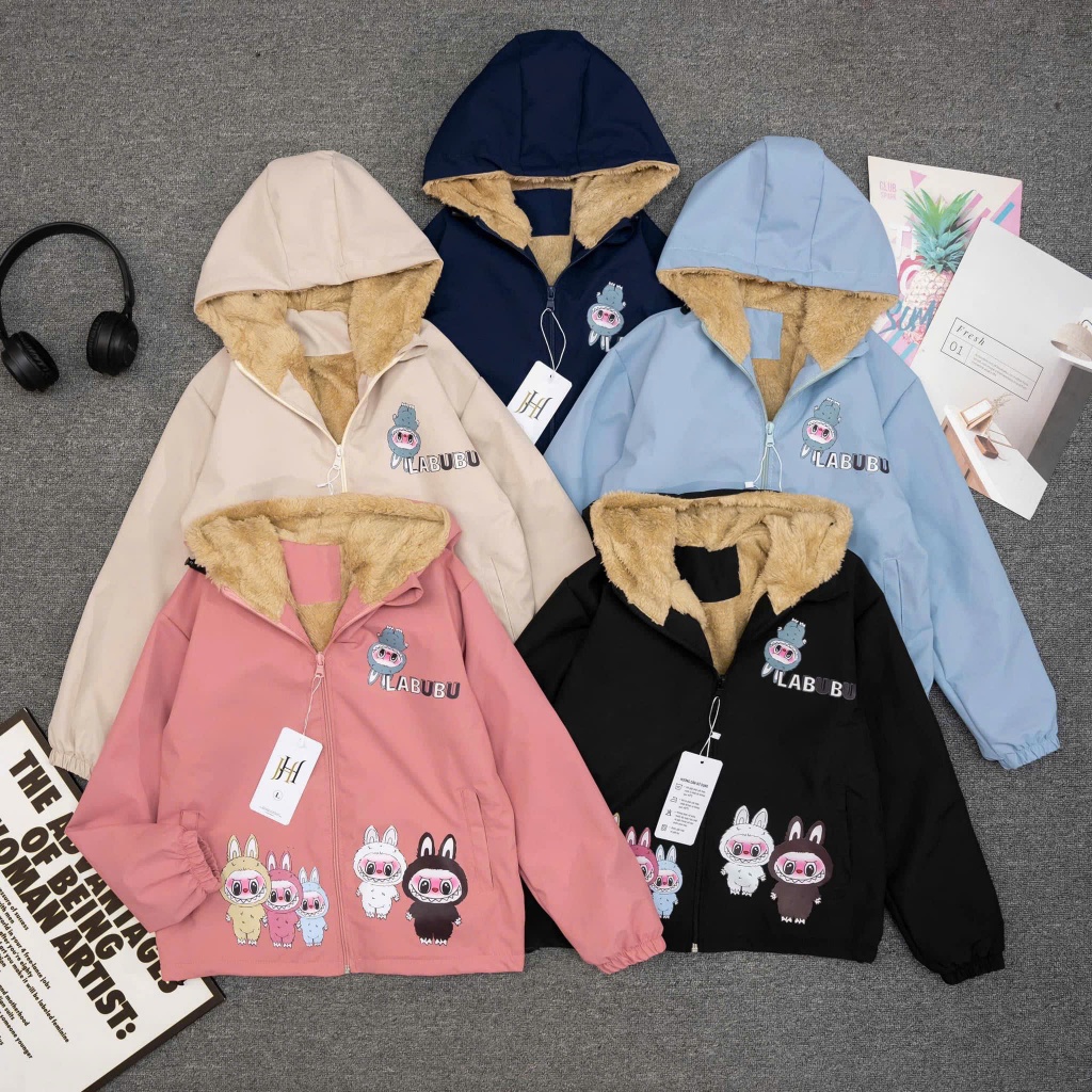  Áo khoác gió Labubu 2 lớp lót lông cừu MYXU siêu ấm cho bé Áo gió cho bé trai bé gái 2 lớp dễ thương ấm áp size 15-40kg 