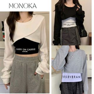 Set áo thun croptop cổ tròn dài tay vạt chéo +  áo 2 dây ôm body chữ Carry Bộ áo khoác ngoài dáng ngắn áo trong T593G