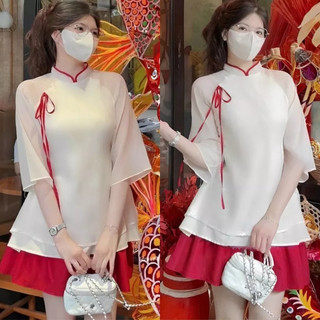  Áo Dài Cách Tân Cổ Tàu Xẻ Tà Thắt Nơ Kèm Chân Váy Xòe Dáng Ngắn 