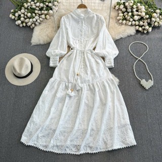 HA5408 [Có sẵn] Đầm dài tay cổ chân dáng suông kèm dây buộc eo 3 màu vintage retro váy tiểu thư đi tiệc