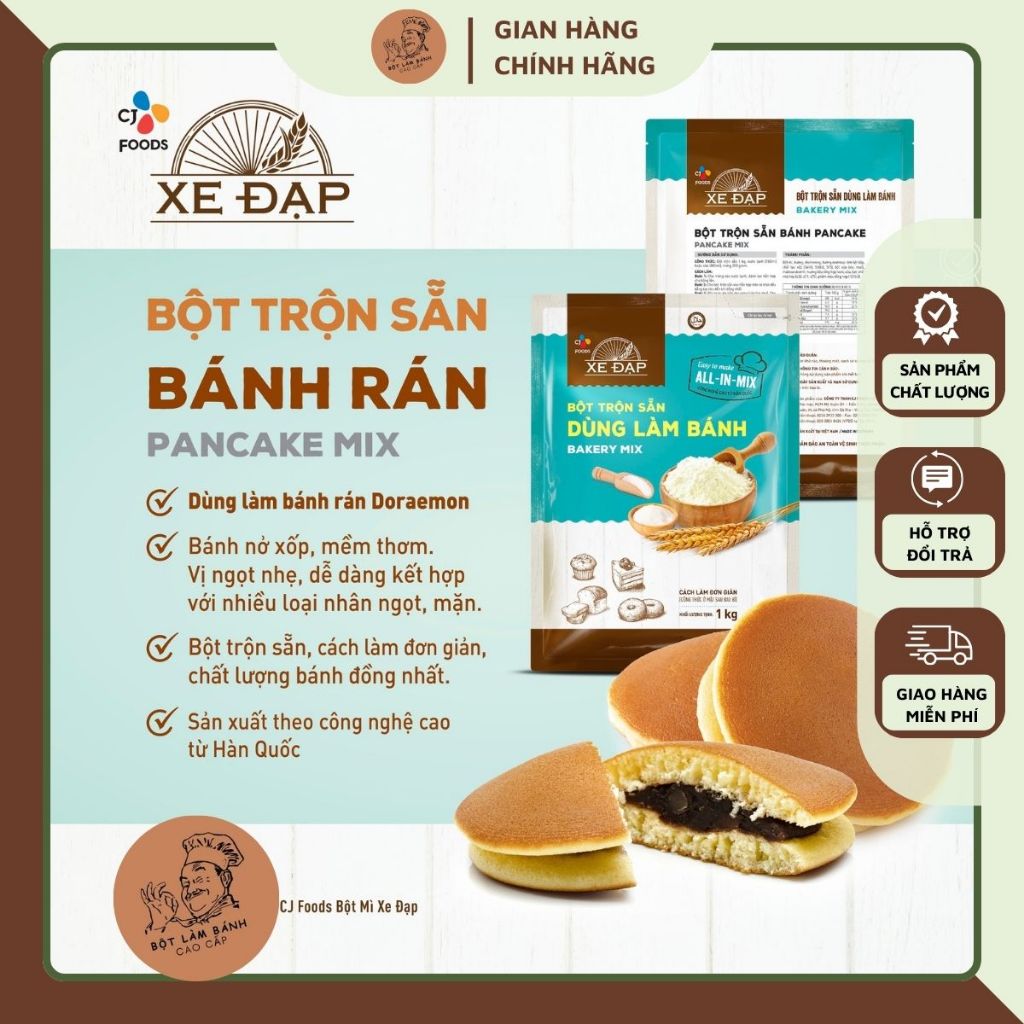 Bột trộn sẵn Bánh Rán Xe Đạp loại 1kg, bột làm bánh rán Doraemon, PANCAKE, bánh nở xốp mềm thơm ngon