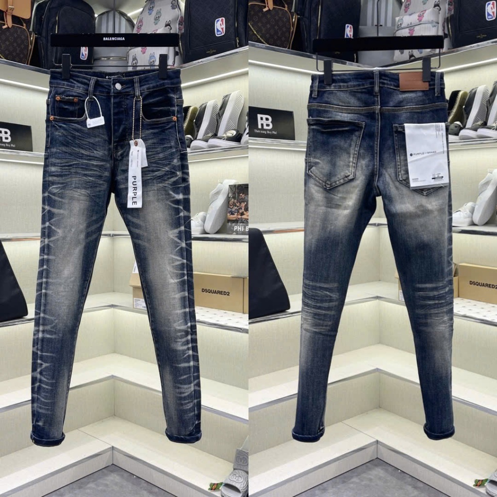 Quần jean bò nam Purple skinny xanh đậm wash bụi trơn dập nhăn 3D kẻ vằn loang mác lụa boy phố QJ611P