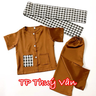 🍄[10-35kg Tặng Khăn Rằn] Bộ Áo Bà Ba Màu Nâu Cho Bé Vải Phi Lụa Mềm Mại, Óng Ả. Bộ Nông Dân, Quý Bà Trẻ Em