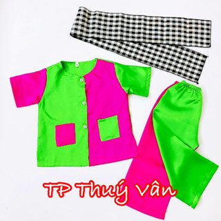 🍄[10-35kg Tặng Khăn Rằn] Bộ Áo Bà Ba Cho Bé Màu Xanh Phối Hồng Vải Phi Lụa Mềm Mại, Óng Ả. Bộ Nông Dân Trẻ Em