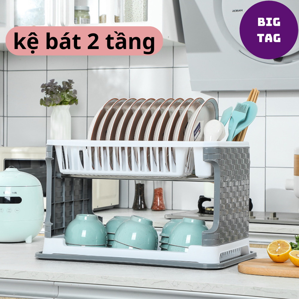 kệ úp bát đĩa nhựa chắc chắn, giá để chén đĩa 2 tầng có khay ráo nước 2073