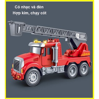  Đồ chơi mô hình xe cứu hỏa thang trượt bằng hợp kim và nhựa có nhạc và đèn chạy cót trục xoay 360 độ kích thước lớn 