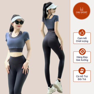 Đồ tập gym yoga nữ phối màu 💖 FREESHIP 💖 set đồ thể thao cạp cao áo bra đan dây kèm mút chất vải thun co giãn- D27
