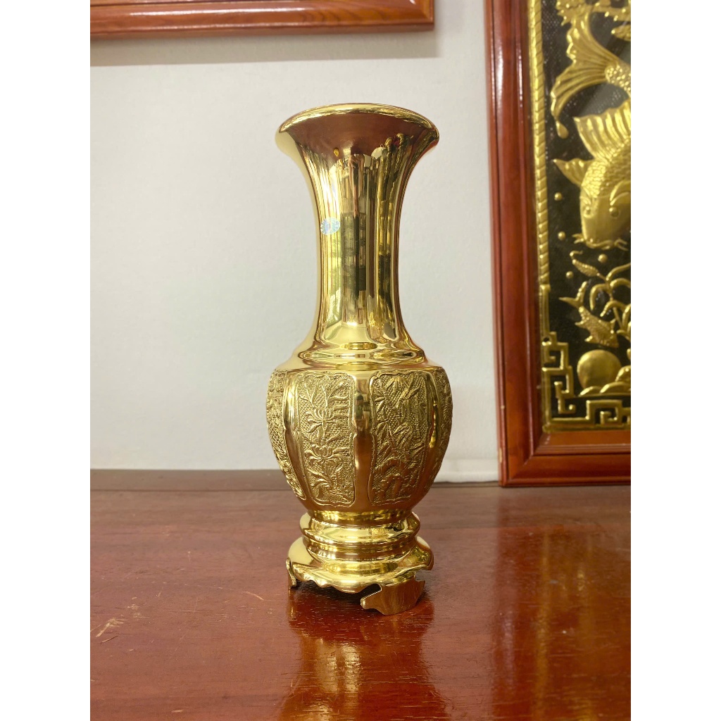 Lọ cắm hoa, bình bông đồng hoa văn Tứ Quý + Tứ Linh cao 36cm