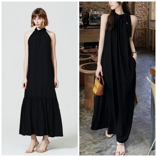 [HÀNG MỸ] Đầm maxi yếm RACHEL ZOE form xòe dúng tầng cổ tròn viền thắt nơ bản to voan lụa đen