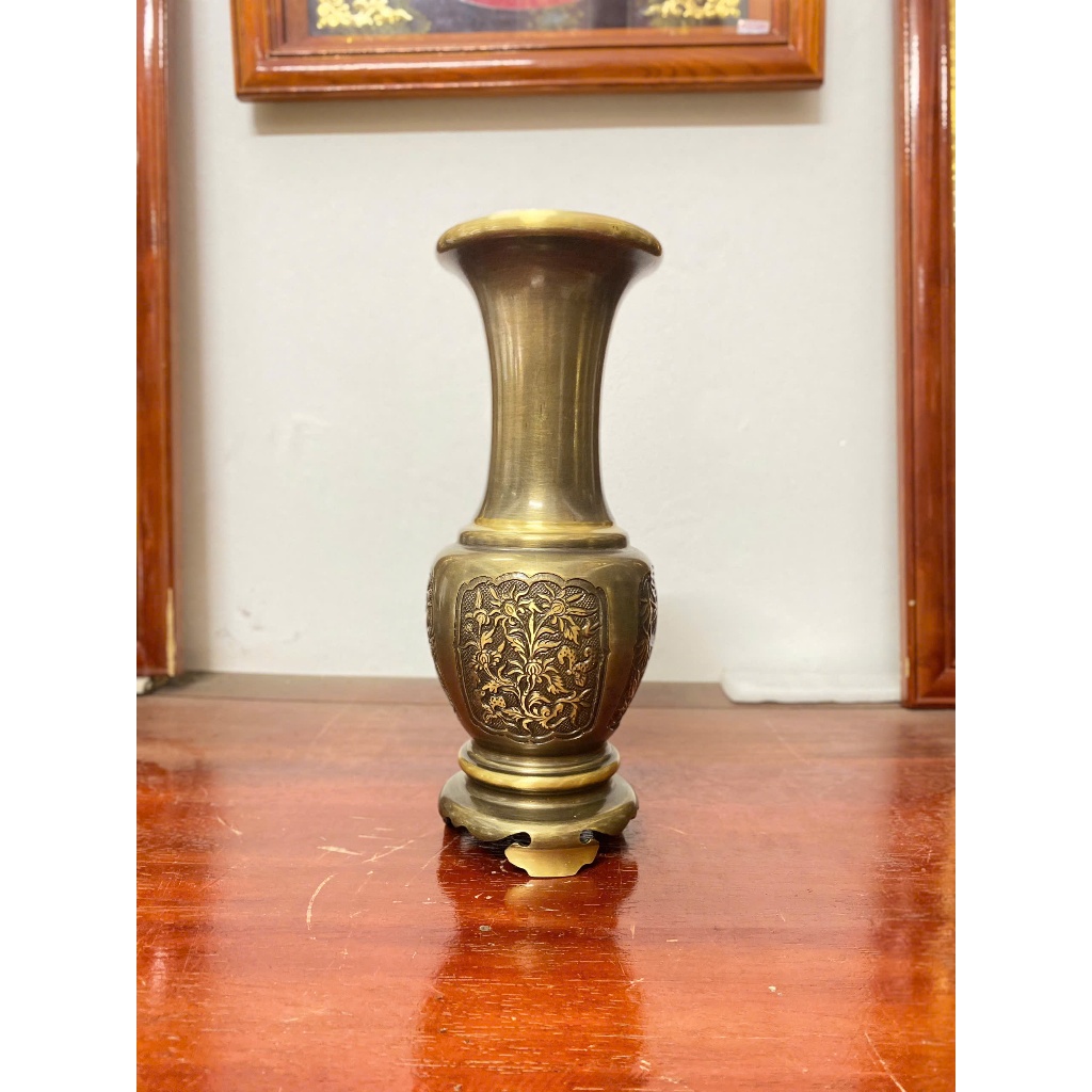Lọ cắm hoa, bình bông đồng hoa văn Tứ Quý cao 36cm màu hun