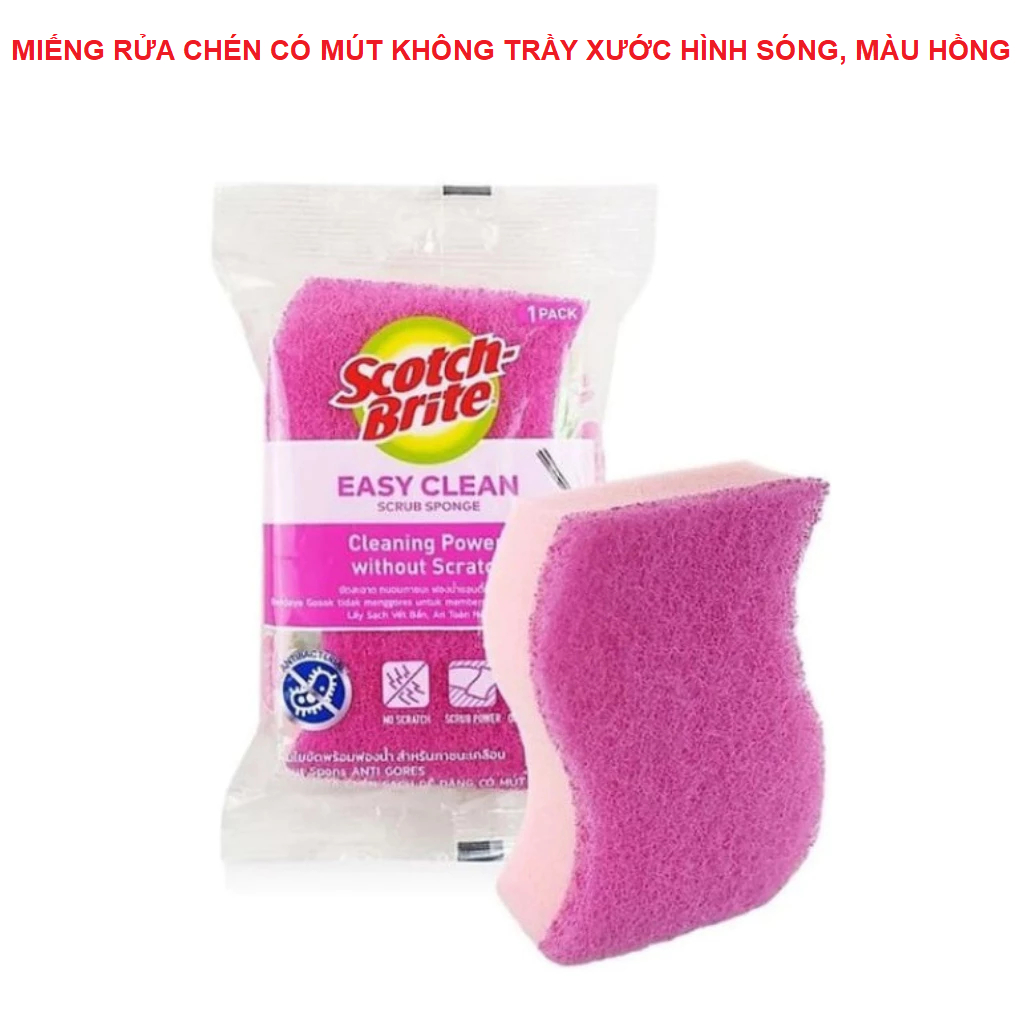 Miếng rửa chén có mút không trầy xước hình sóng màu hồng Scotch Brite 3M - Kích thước: 11.5x7x3cm - 