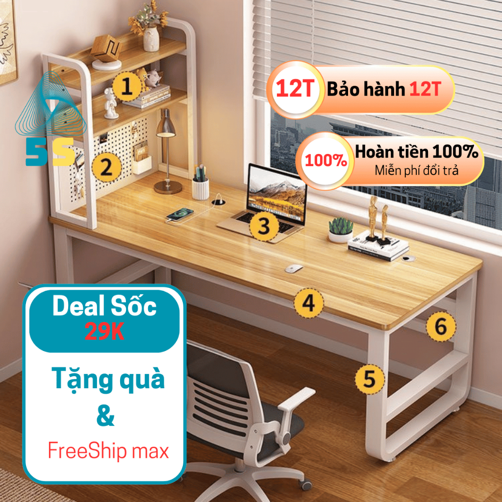 Bàn Học U Cong Có Kệ Sách – Mặt Gỗ MDF 15mm – Khung Thép Sơn Tĩnh – Bền Đẹp, An Toàn Cho Bé