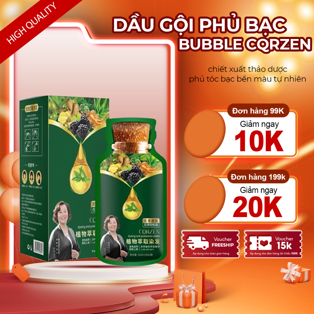 Hộp 10 Gói Dầu Gội Phủ Tóc Bạc BUBBLE CQRZEN - Dầu Gội BUBBLE CQRZEN Thảo Dược  Phủ Bạc, Đổi Màu, Dư