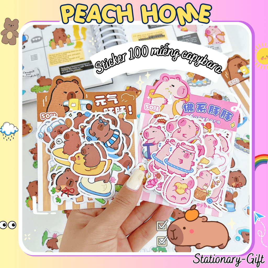 Bịch 50 Sticker Cắt Sẵn Capybara Loopy Dán Bình Nước Decor Sổ Vở Giá Rẻ Nhãn Dán Washi Peach Home