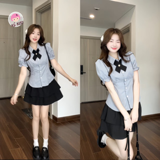 Set áo sơ mi kèm chân váy 2 tầng, áo tay phồng chiết eo tiểu thư xixeoshop - S89