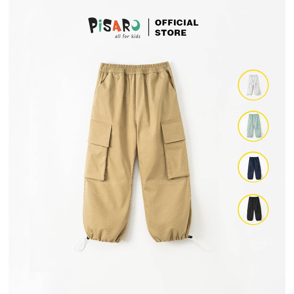 Quần kaki mềm cotton cho bé PISARO 2 kiểu dáng suông ống rộng và jogger rút gấu, cạp chun co dãn túi hộp