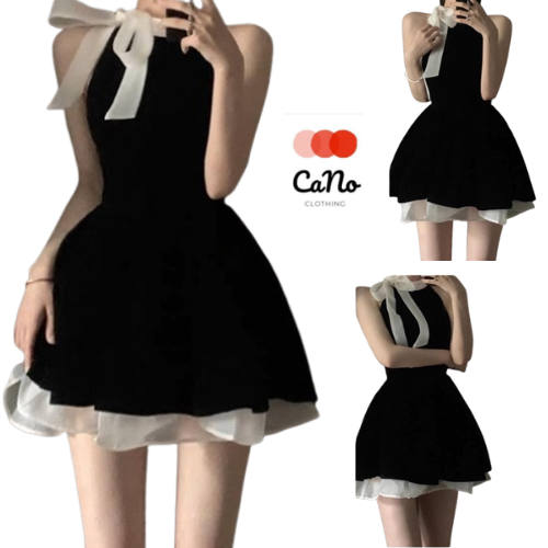 Đầm Body Cổ Yếm Thắt Nơ Dáng Xoè CANO CLOTHING Váy Nữ Ôm Dáng Hai Màu Đen Trắng Phong Cách Ulzzang