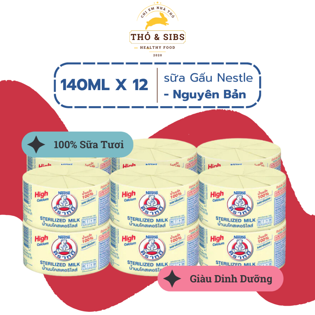 12 lon Sữa Gấu Nestle Thái Lan 140ml Nhãn Vàng - Truyền Thống - Giàu Canxi