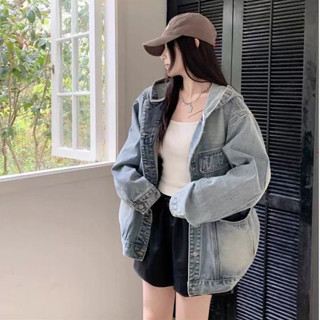 Áo khoác jean nữ có mũ dài tay hai màu xanh và đen, áo jeans KABICO khoác ngoài dáng rộng phong cách_G17