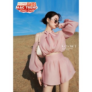 Set áo khoét vai cổ nơ - quần short lưng cạp cao xếp ly K Closet S3006S3007
