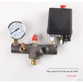 Cụm gang chia hơi gồm rơ le đen 1 lỗ, đồng hồ 10kg, khoá hơi, dắt hơi, van an toàn, thanh chia hơi ren trong 20mm