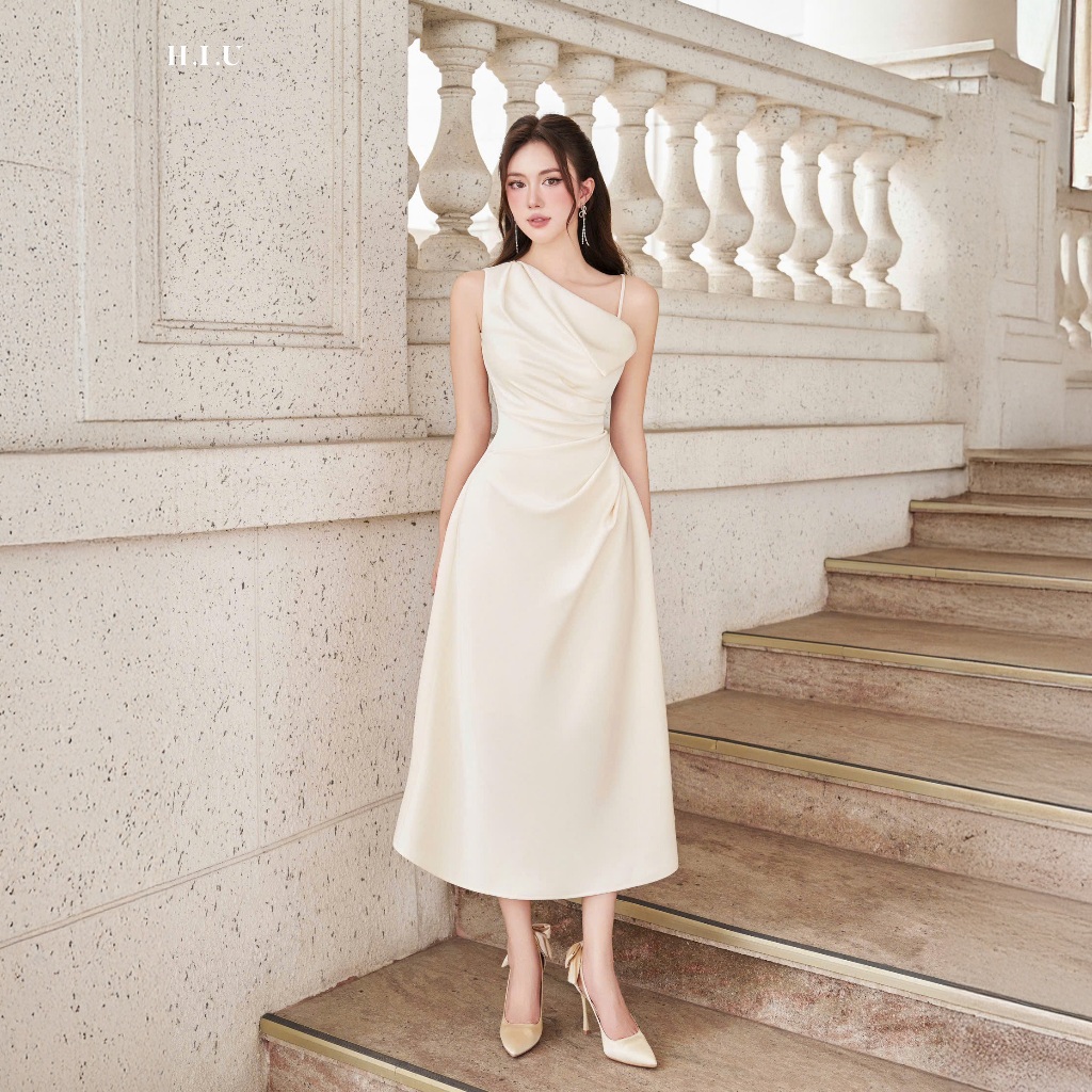 Jila Dress | Váy tiệc nữ thiết kế lệch vai taffta lụa cao cấp H.I.U Fashion | đầm dáng dài midi sang trọng HIU design | BigBuy360 - bigbuy360.vn