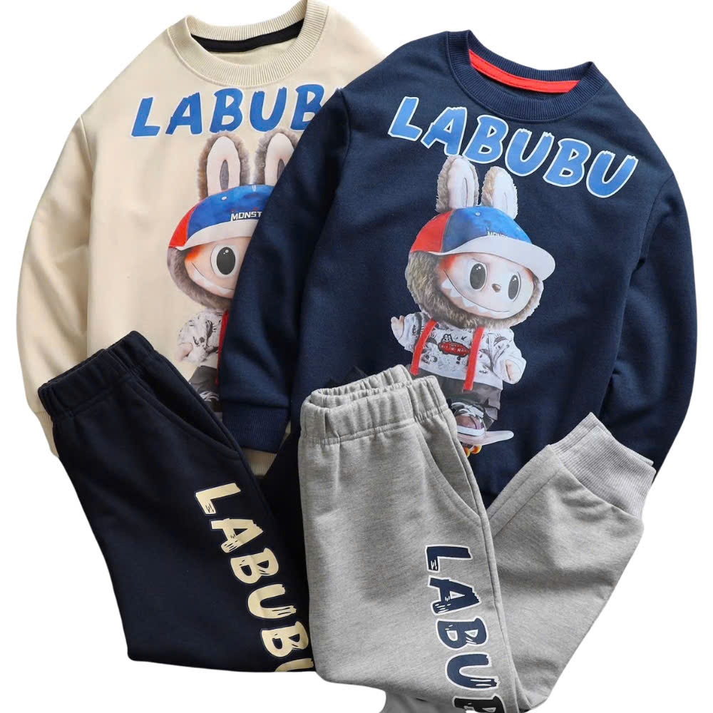 N25 - Bộ quần áo Hiunikids Labubu ĐỘI MŨ màu Navy & Kem chất nỉ mềm ấm áp cho bé trai size 2-10 tuổi
