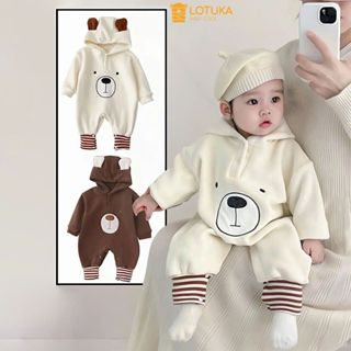 Body Liền Mũ Gấu Lót Lông Nhung Ấm Áp Cho Bé, Bodysuit LOTUKA Bé Trai Bé Gái, Quần Áo Trẻ Em, Bộ Liền Thân 3-12kg