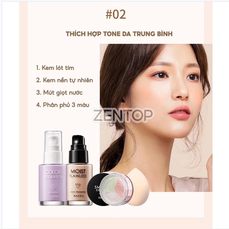 Bộ trang điểm HANRU - Bộ makeup HANRU Set 4 món cơ bản kem lót, kem nền, mút tán, phấn phủ kiềm dầu, nâng tone tự nhiên