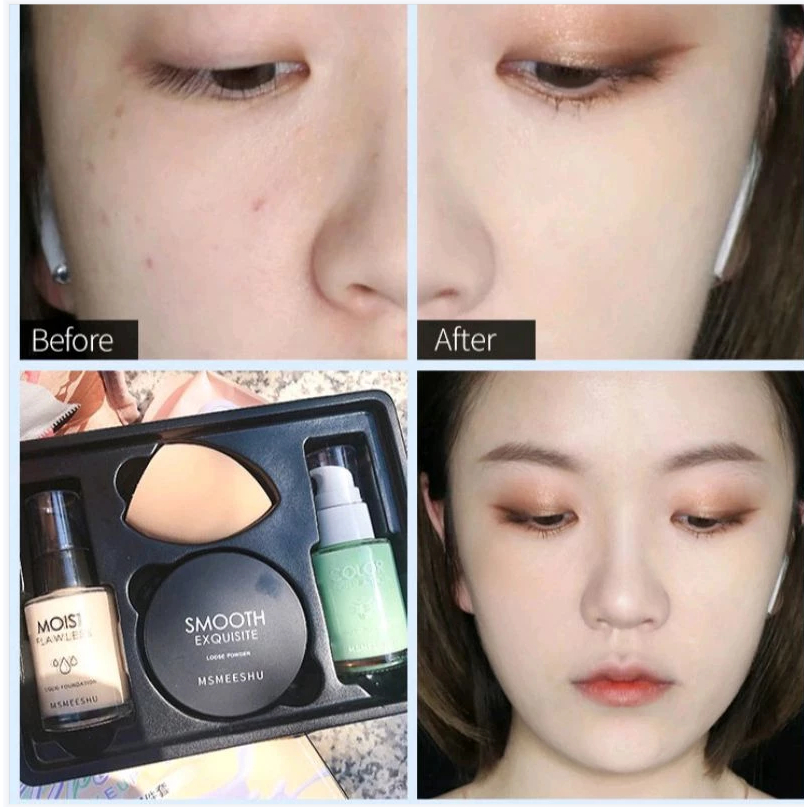 Bộ trang điểm HANRU - Bộ makeup HANRU Set 4 món cơ bản kem lót, kem nền, mút tán, phấn phủ kiềm dầu, nâng tone tự nhiên