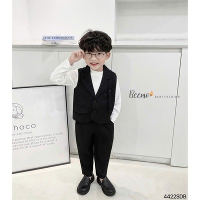 Set gile 3 chi tiết Beemo cổ vest phối vai vải chéo hàn mặc đi học, đi chơi, sự kiện cho bé từ 9-24kg 4422SDB