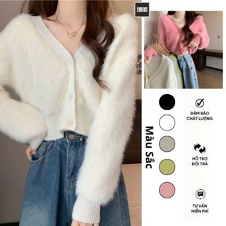 Áo Khoác Len Cadigan Nữ Lông Thỏ Dài Tay Sang Chảnh, Dáng Ngắn Form Rộng Nhiều Màu Cúc Trơn Hàng Qc