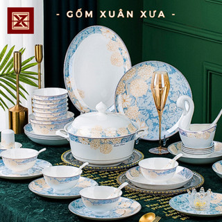 Bộ Bát Đĩa Sứ Xương Hoa Cúc Nguyệt Lam Cao Cấp Gốm Xuân Xưa, chén sứ, bát ăn cơm, chén dĩa sứ