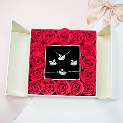 Gift set quà tặng - Bộ trang sức LAMY Dây chuyền và lắc tay bạc - Hộp đựng trang sức hoa hồng 7008