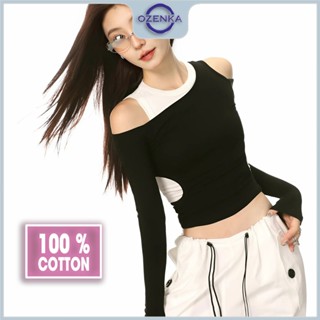  Áo croptop tay dài thể thao hở vai sang chảnh nữ ozenka  áo thu đông crt đẹp thun cotton đen cải trắng 