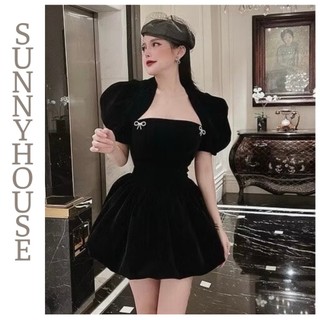 Đầm nhung tay phồng kèm tag, váy nhung đen/đỏ dáng xòe bí baby siêu xinh đón tết TH151