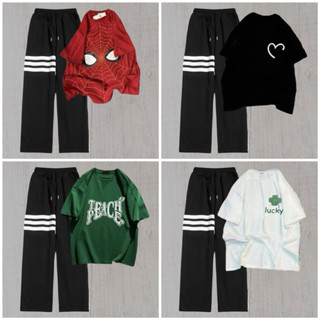 Set bộ áo phông cotton 4 chiều form rộng đủ màu +Quần ống rộng kẻ vạch hack dáng